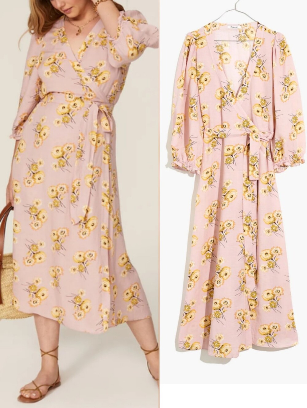 Madewell Wrap Floral Linen Blend Ruffle Cuff Midi Dress Dutch Dandelions